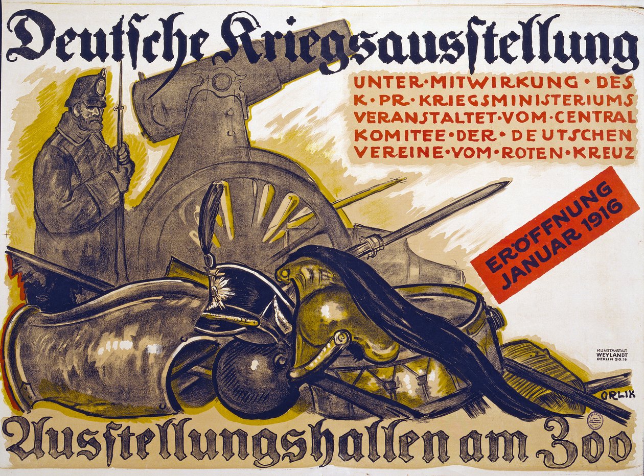 1916年1月、1916年1月、赤十字ドイツ連邦政府主催の戦争展示会の広告ポスター 作： エミル・オルリク