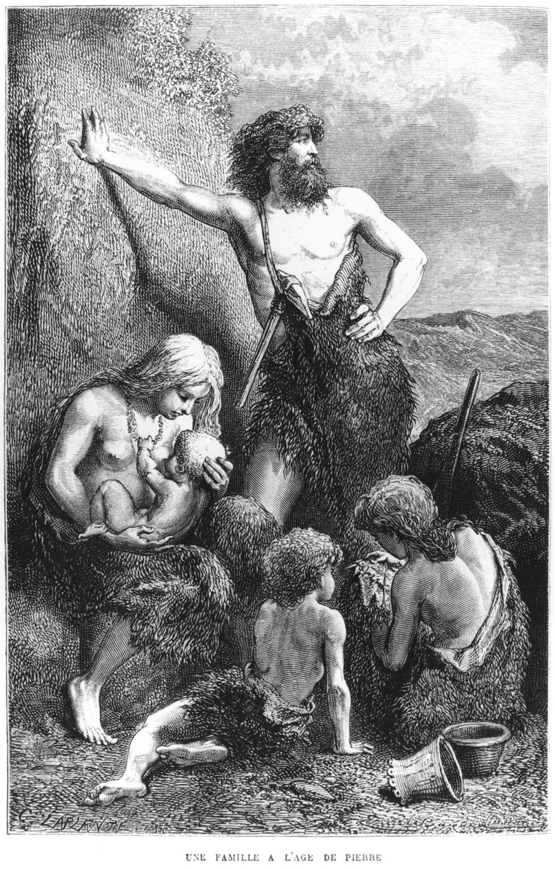 石器時代の家族、ルシェフィギエの「L&39;Homme Primitif」（1819〜94年）のイラスト、アシェット発行、チャールズラプラント（d.1903）1870 作： エミール・アントワーヌ・バヤール
