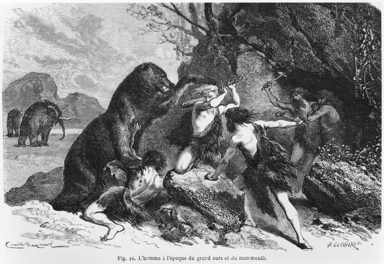 クマとマンモスの時代の男、ルシェフィギュイエの「ロムプリミティフ」（1819〜94年）のイラスト、アシェット、1870年 作： エミール・アントワーヌ・バヤール