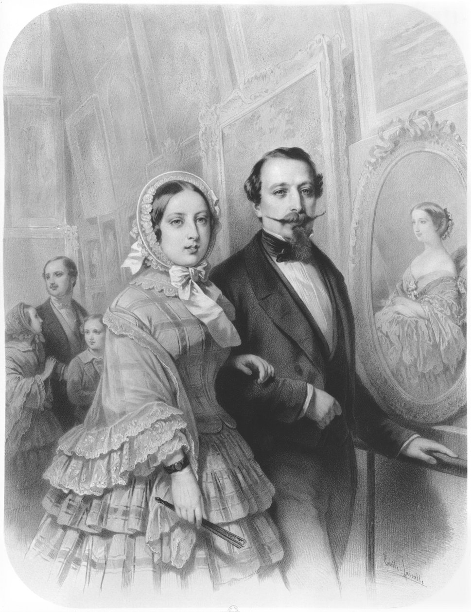 ビクトリア女王とナポレオン3世フランス皇帝、1855年8月20日パリのユニバーセルエキシビションのアートギャラリーを訪問（H.Holfeld 1804-1872以降） 作： エミール・ラッサール