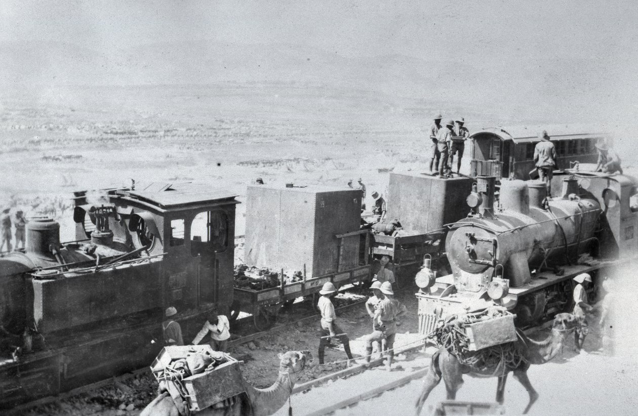 第一次世界大戦中にメソポタミアで供給ラクダを搭載した鉄道機関車、キンドム少佐が編集したアルバムから 作： 英語の写真家