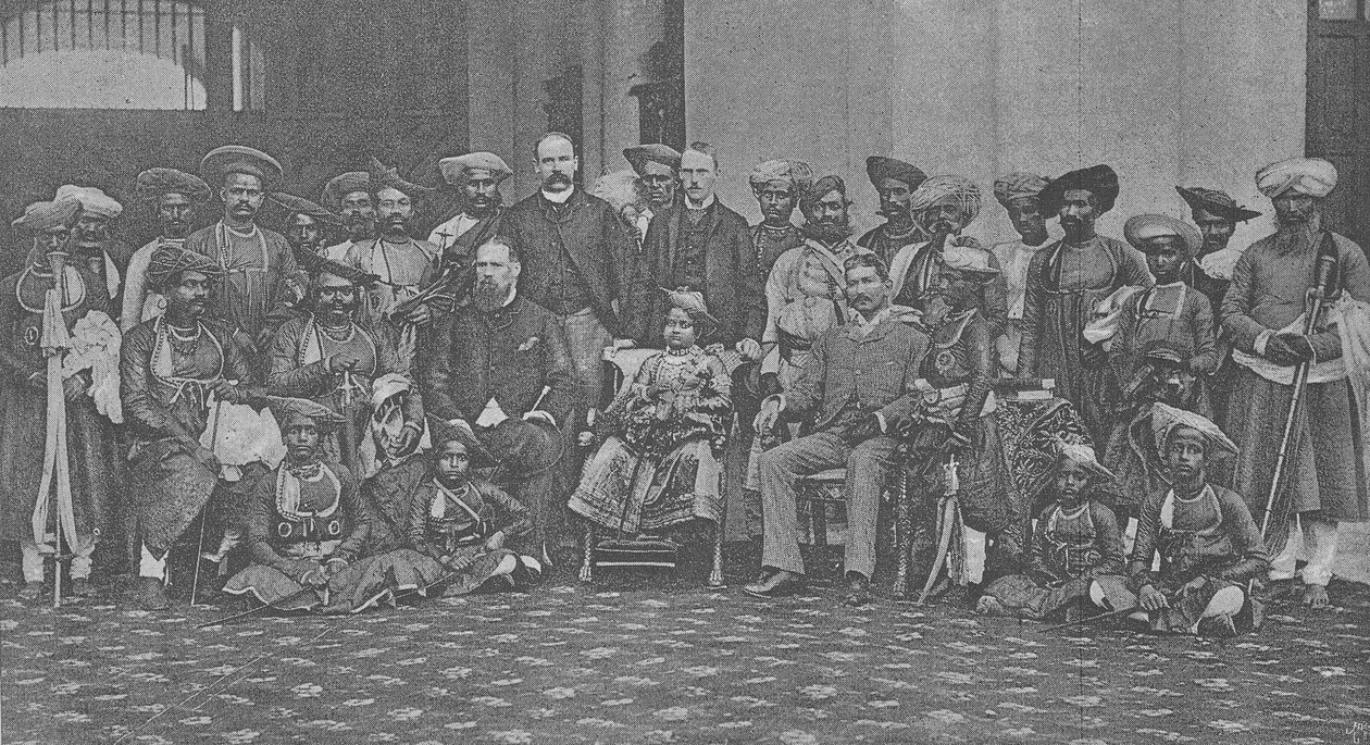 グワリエルの若いマハラジャとその保護者であるレペルグリフィン卿、法廷、1886年頃 作： 英語の写真家