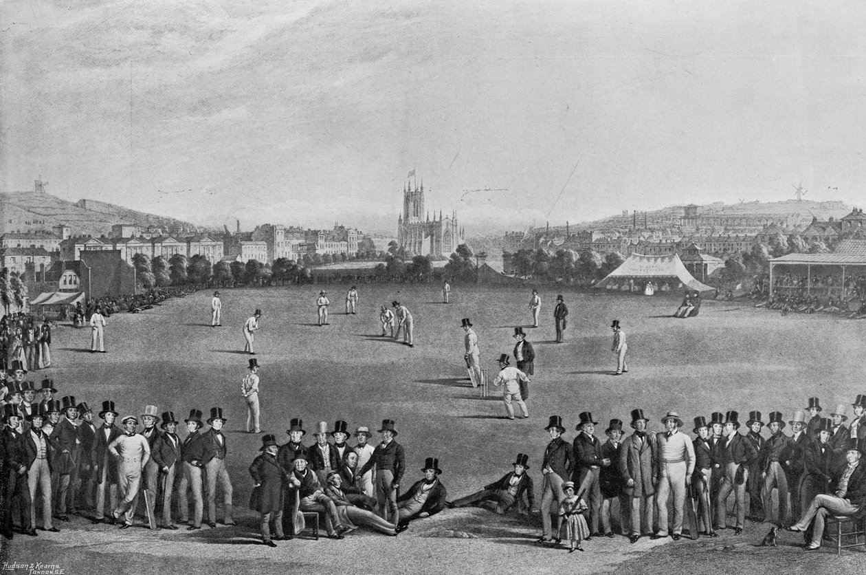 1849年に最初に出版された印刷物、1895年にハドソンとカーンズによって出版された有名なクリケット選手とクリケット場からの、サセックスとブライトンのケントの間のクリケットの試合 作： 英語の写真家