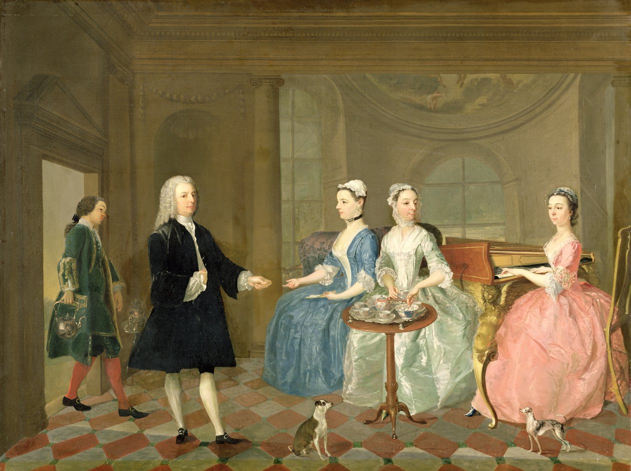 お茶を添えられる家族、c.1740-45 作： 英語学校