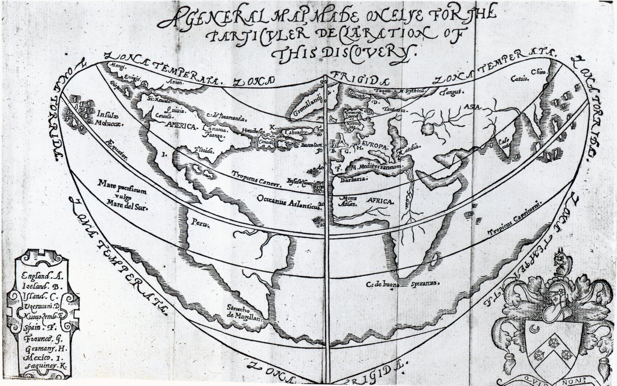 ハンフリーギルバート（c.1539-83）によって書かれた「カタイアへの新しい道の発見の談話」からの一般的な地図 作： 英語学校