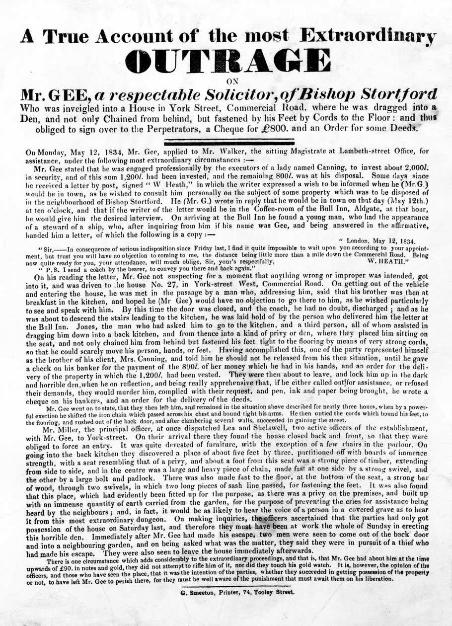 ジー氏への最も異常な怒りの真実の説明、1834年（活版） 作： 英語学校