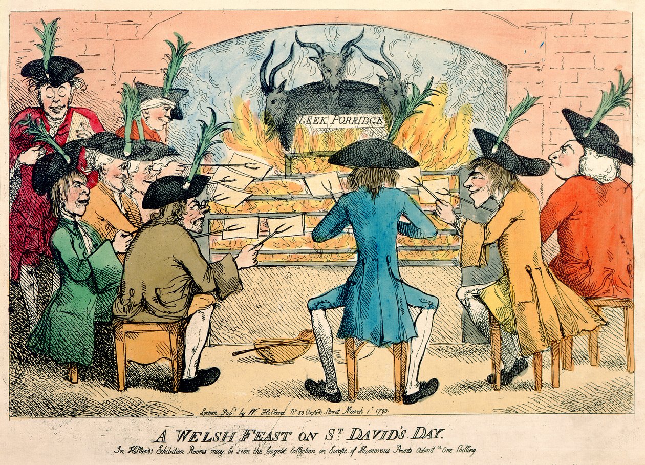 聖デイビッドの日のウェールズの饗宴、1790年（カラーエッチング） 作： 英語学校