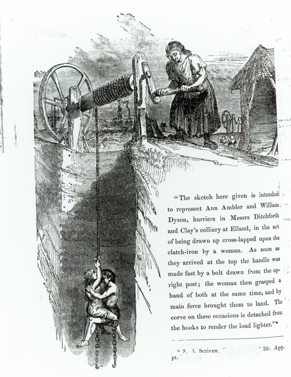 1842年7月に「Westminster Review」に印刷されたイラスト、坑道に巻き上げられた少年と少女 作： 英語学校