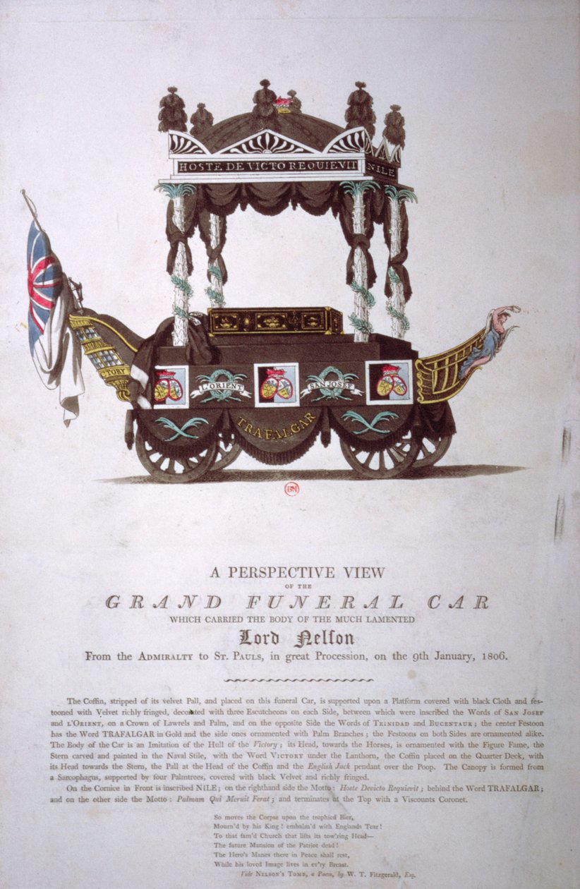 1806年1月9日にネルソン卿の遺体をアドミラルティからセントポールズ大聖堂に運ぶ壮大な葬儀車の斜視図 作： 英語学校
