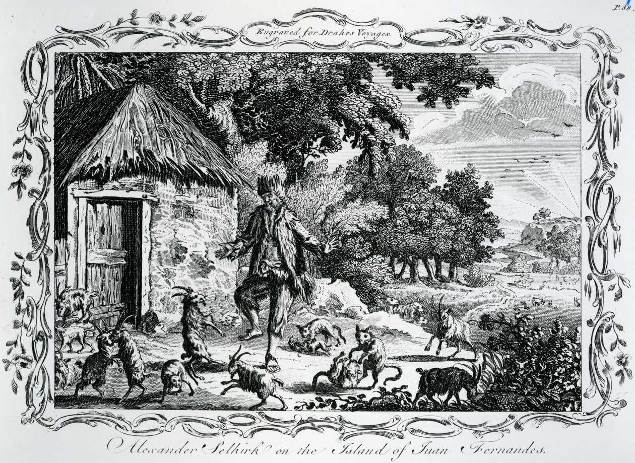 フアンフェルナンデス島のアレクサンドルセルカーク、「Drekes Voyages」、1780年に公開 作： 英語学校