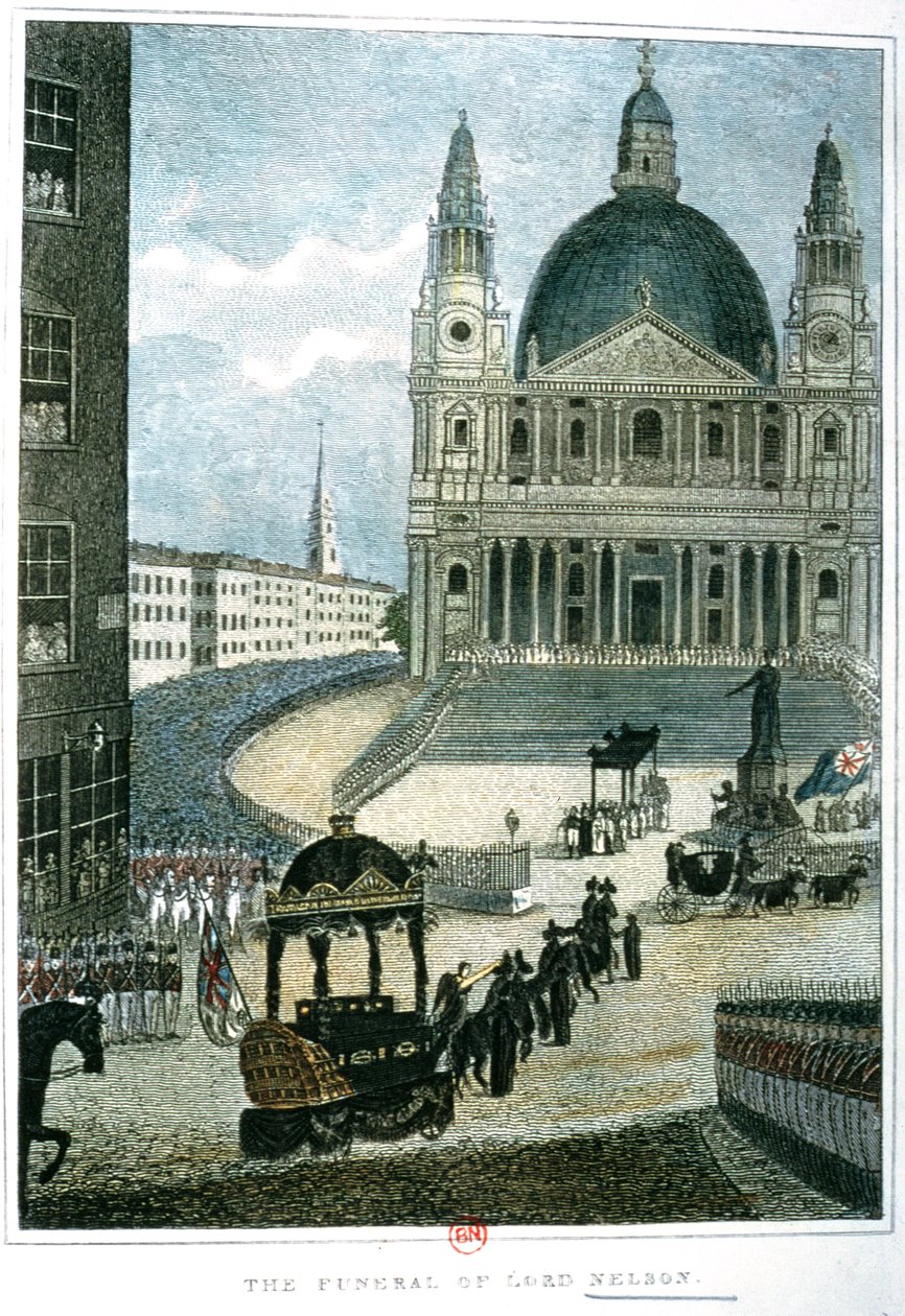 1806年1月9日にネルソン卿の遺体を海軍本部からセントポール大聖堂まで運んだ壮大な葬儀車の正確な描写 作： 英語学校