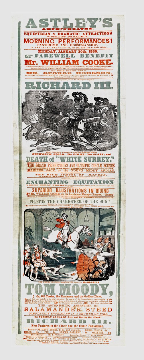 1860年1月30日、ウィリアムクック氏の別れの利益を宣伝するアストリーのサーカスポスター 作： 英語学校