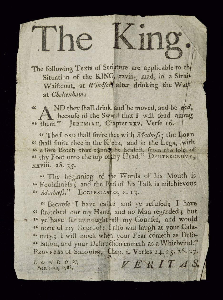 1788年のジョージ3世の狂気について論じる大判シート（ニュースプリント） 作： 英語学校