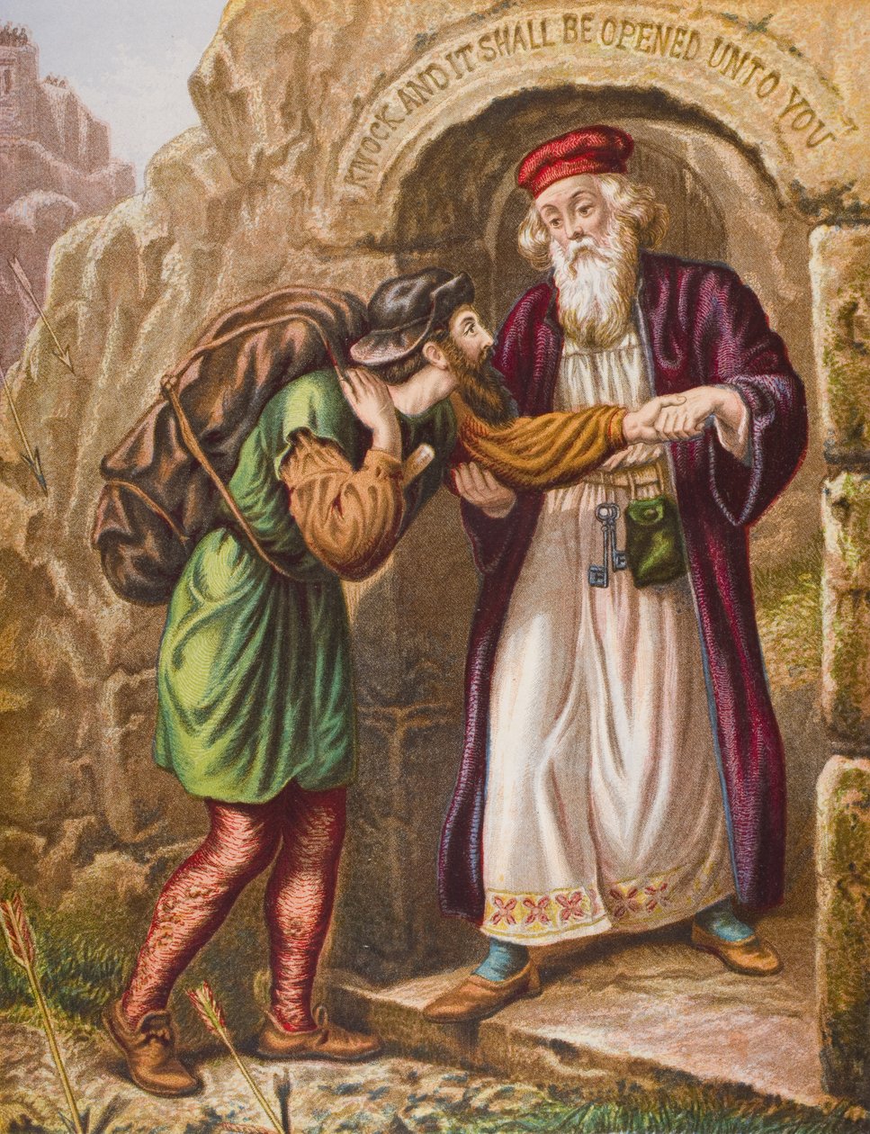 ウィケットゲートへのクリスチャンの到着、ジョンバニヤンによる「巡礼者の進歩」（1628-88）のイラスト 作： 英語学校