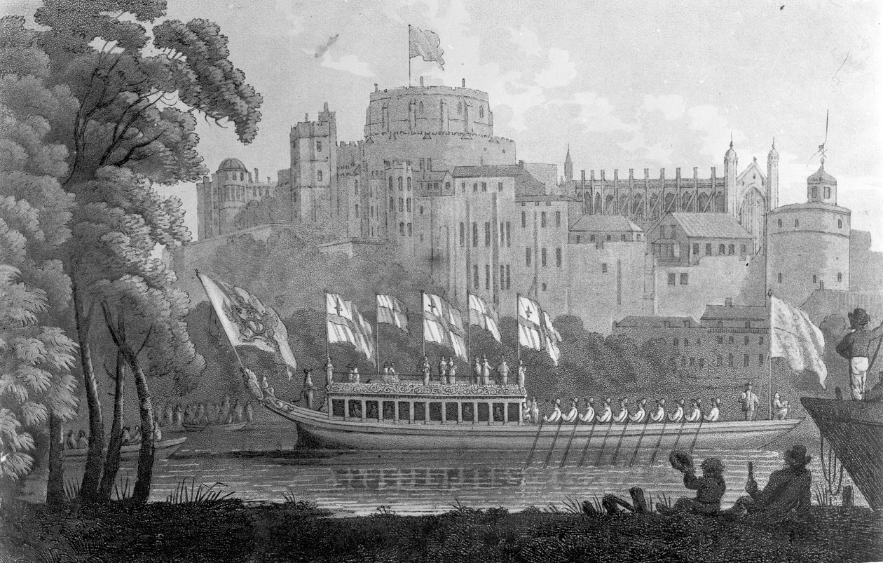 1812年の水彩画の後、オックスフォードに向かう途中、ウィンザー城の前でテムズ川を上るロンドン市州船 作： 英語学校