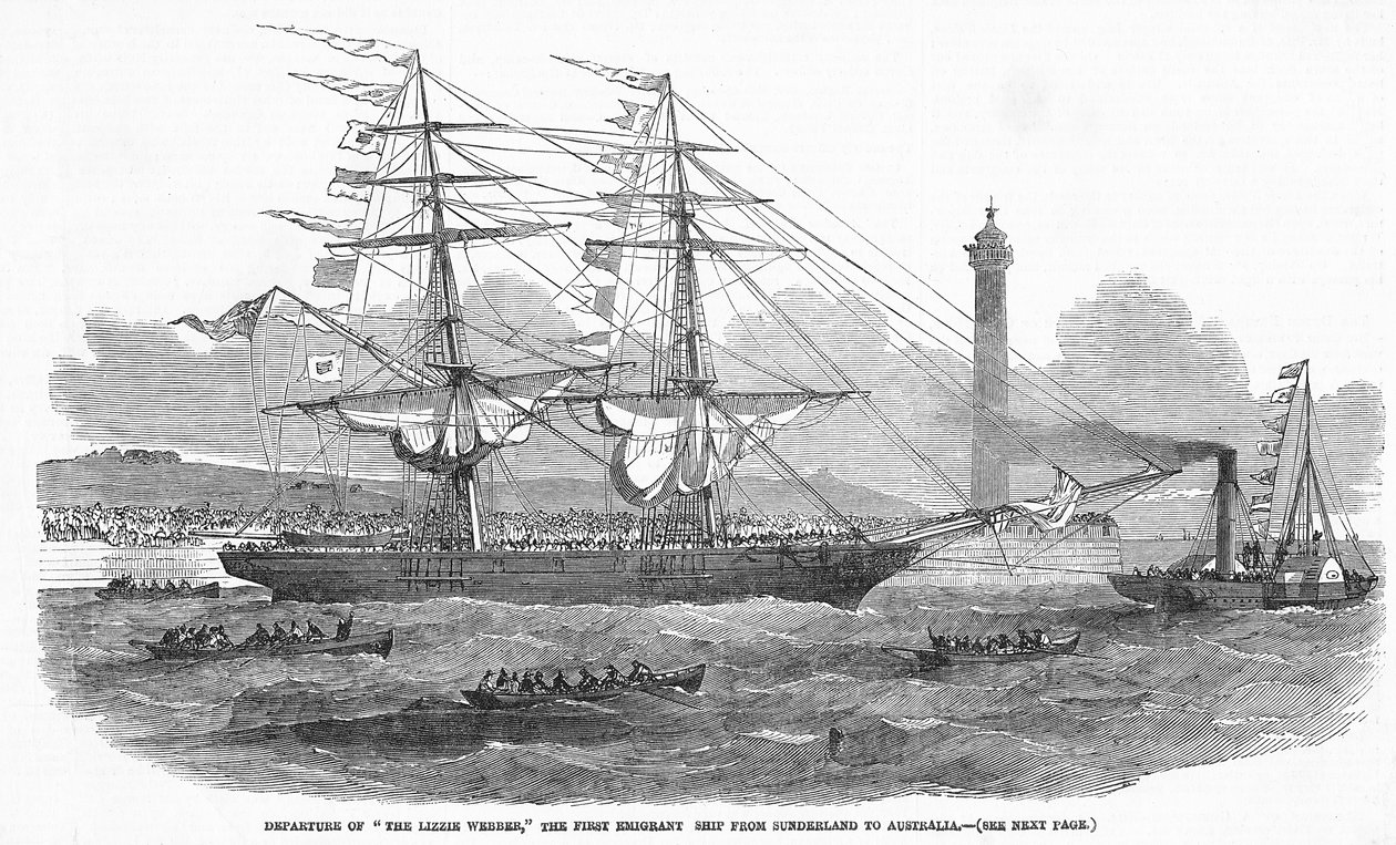 1852年8月7日、「The Illustrated London News」からサンダーランドからオーストラリアへの最初の移民船「The Lizzie Webber」の出発 作： 英語学校
