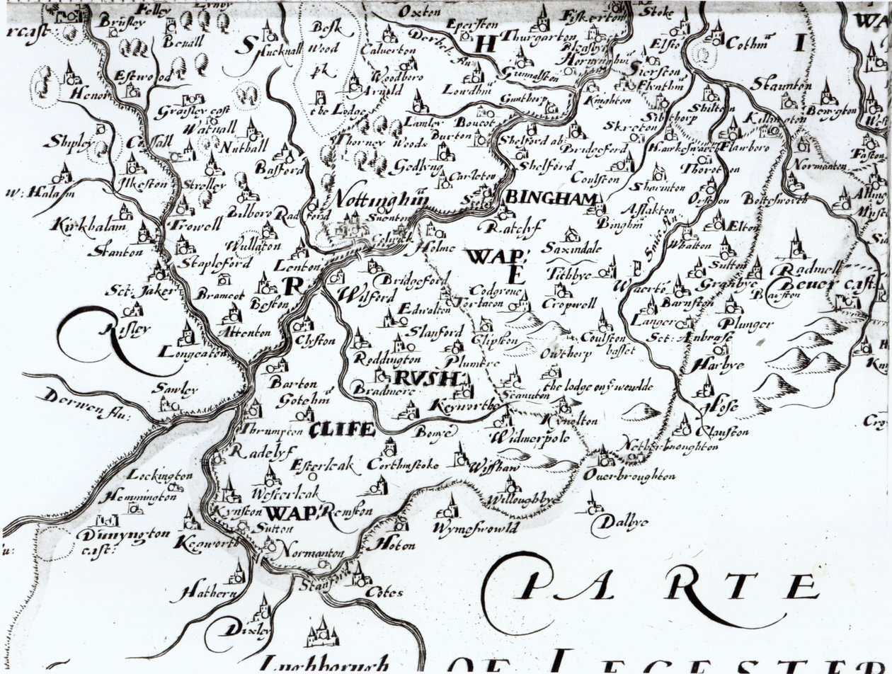 ノッティンガムの町を示す1642年のノッティンガムシャー郡の地図の詳細 作： 英語学校