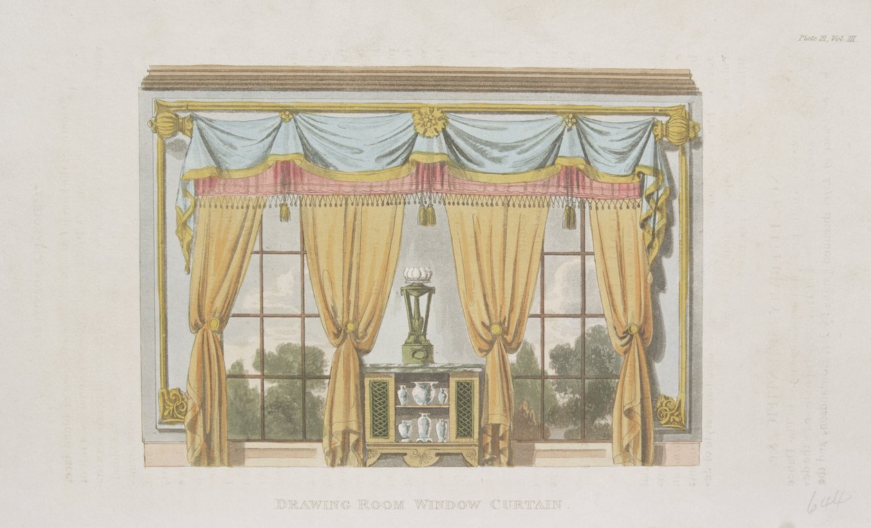 応接室の窓カーテン、プレート93、アッカーマン美術館の芸術、1817年に公開 作： 英語学校