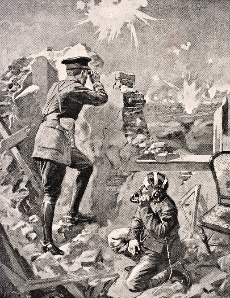 1916年にロンドンで発行された「The War Illustrated Album deLuxe」から、前方警備隊が忍び寄る砲撃の影響を観察 作： 英語学校
