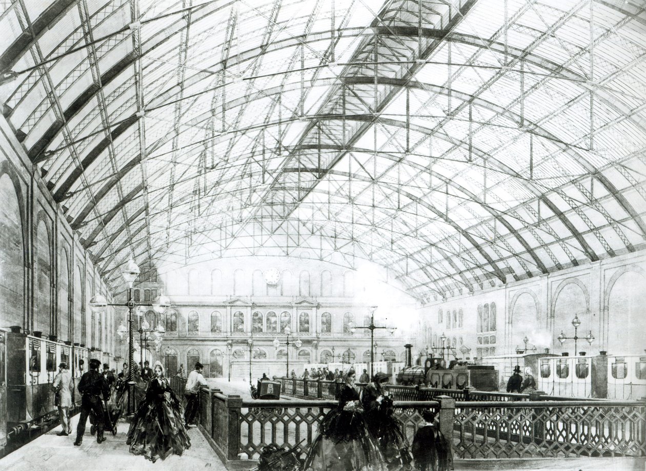 1864年頃、ケル兄弟によって刻まれたチャリングクロス駅の内部 作： 英語学校