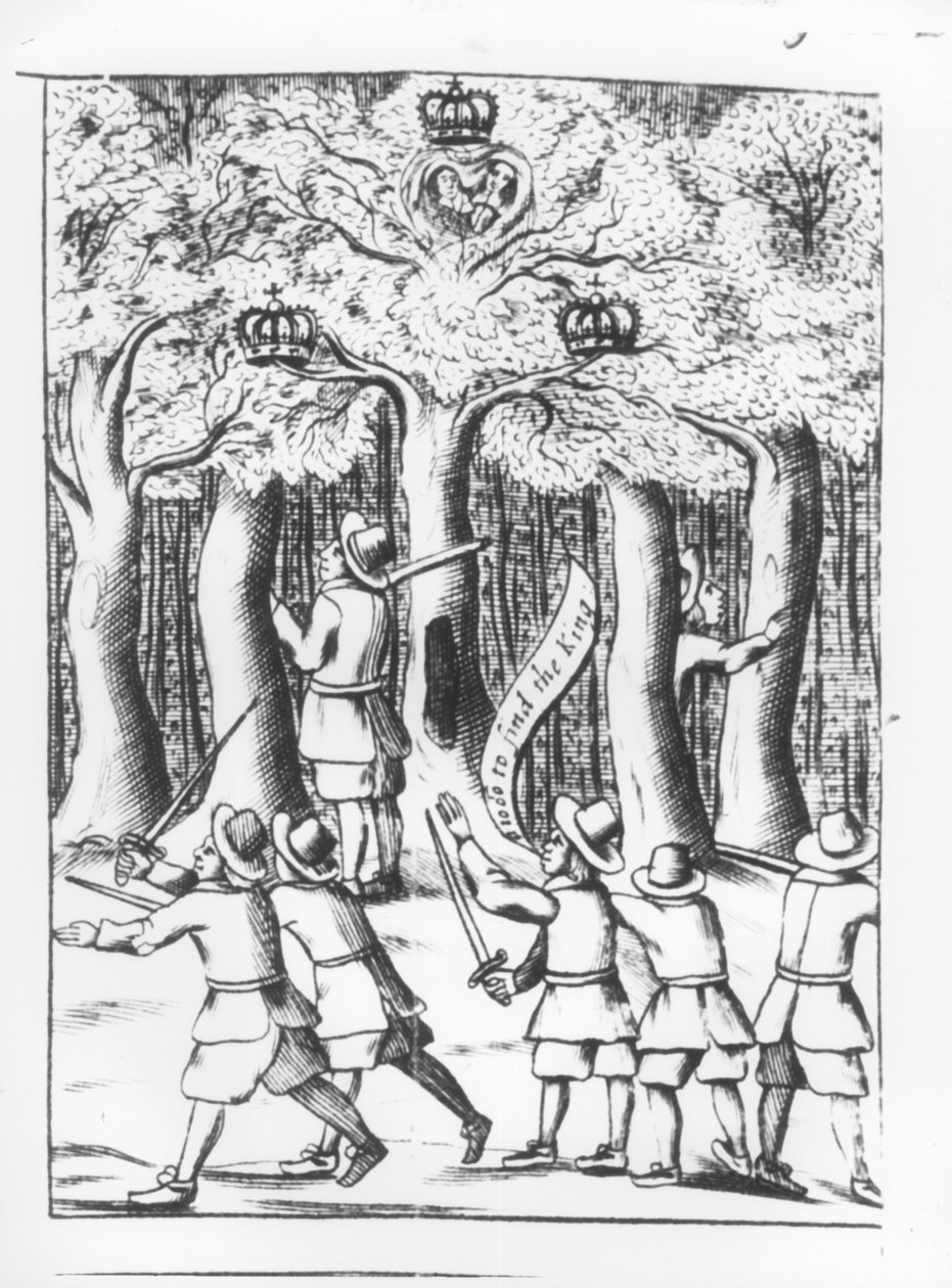 チャールズ2世（1630-85）が1651年にウスターの戦いで敗北した後、ボスコベルのオークの木に隠れ、1660年に出版 作： 英語学校