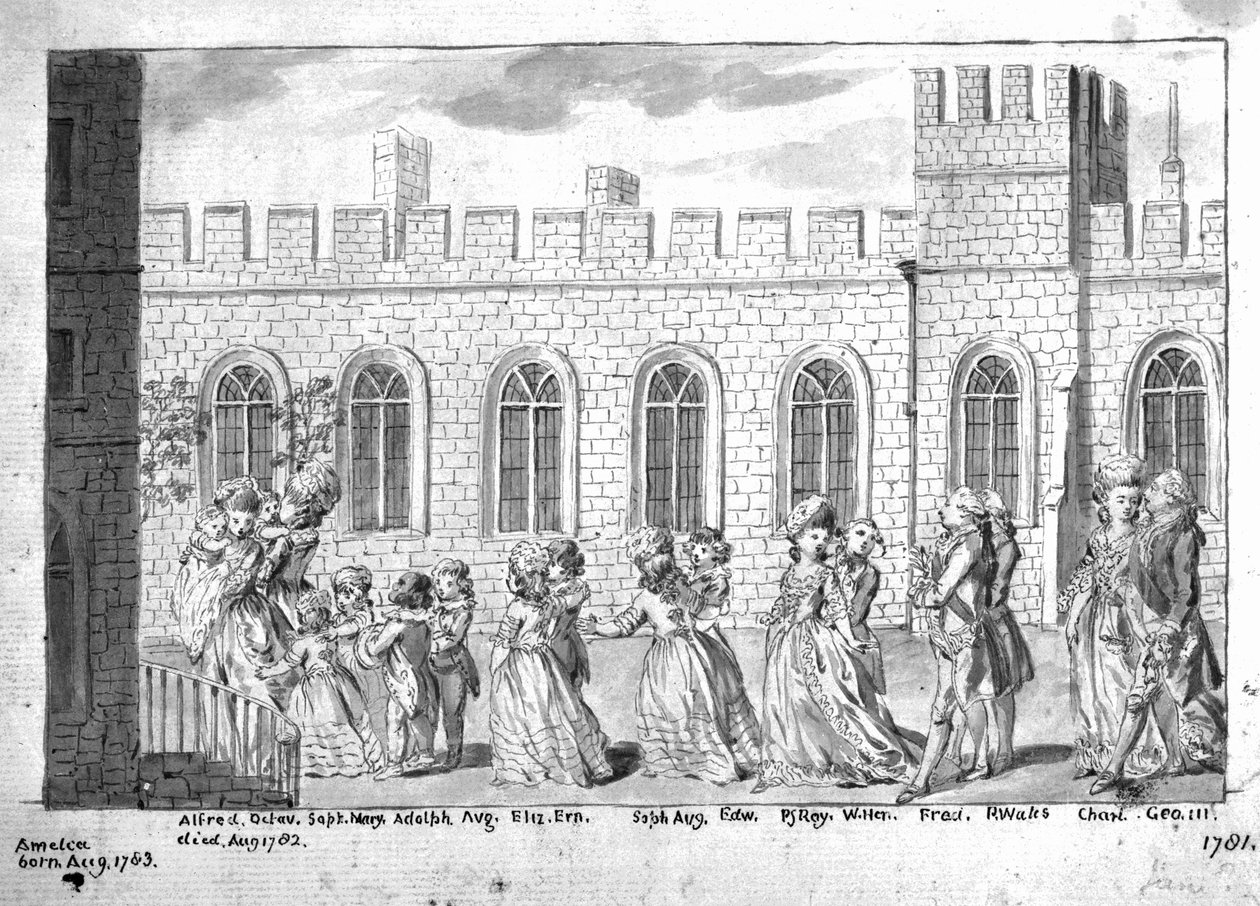 ジョージIII王とシャーロット女王、14人の子供と一緒に行列を歩く1781年（紙にペンとウォッシュ） 作： 英語学校