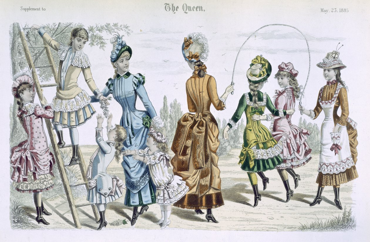 1885年5月23日の「女王」からの最新のパリのファッション（カラー彫刻） 作： 英語学校