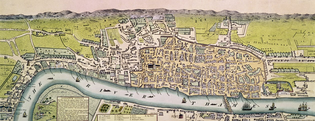 Londinium Antiqua、ロンドンの地図、パブ。ウィリアムダートン作、1563年（手描きの彫刻） 作： 英語学校
