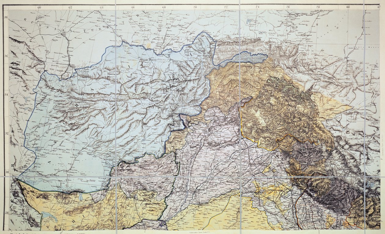 アフガニスタンの地図、1898年（カラー彫刻） 作： 英語学校