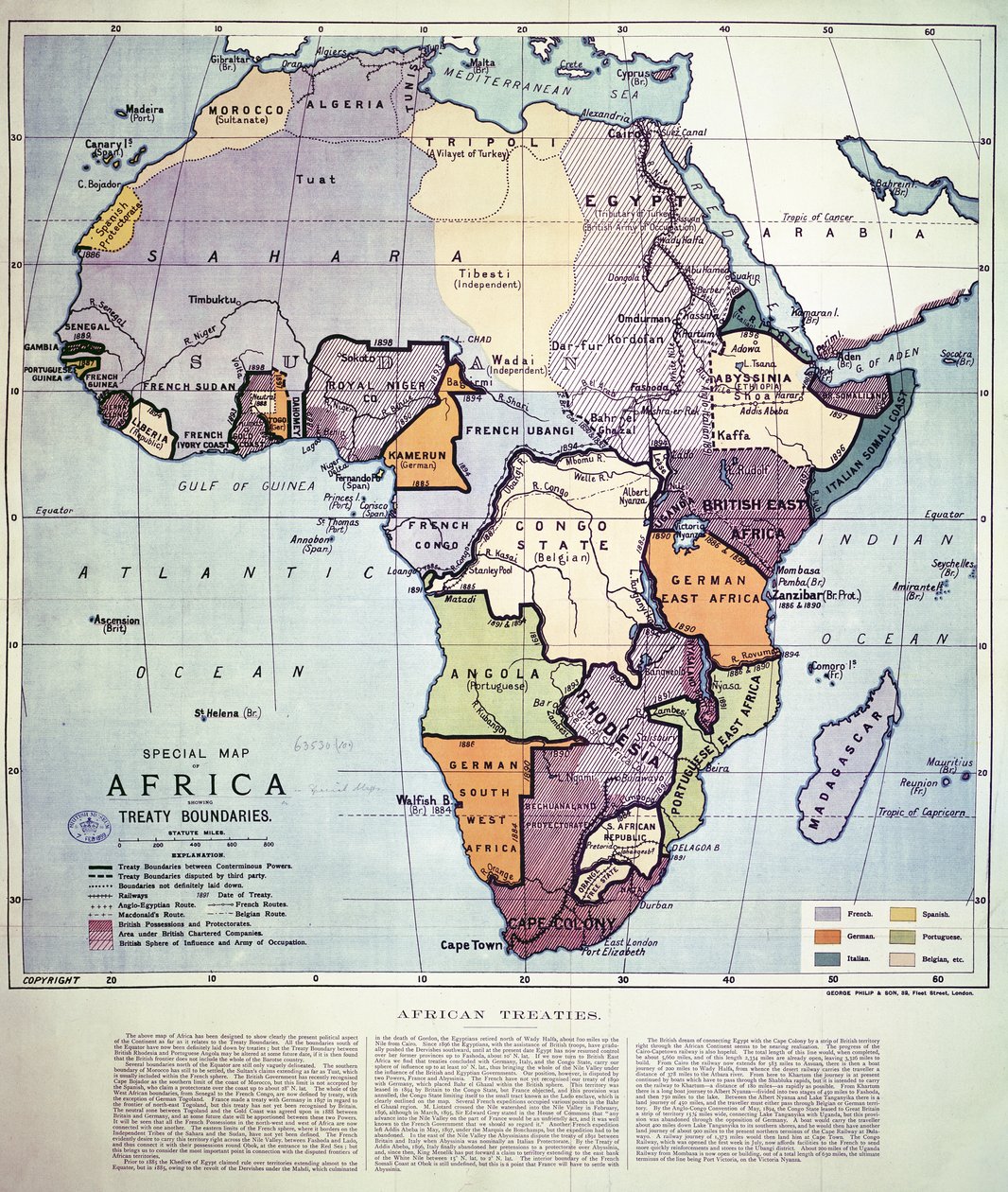 条約の境界を示すアフリカの地図、1891年（カラーリトグラフ） 作： 英語学校