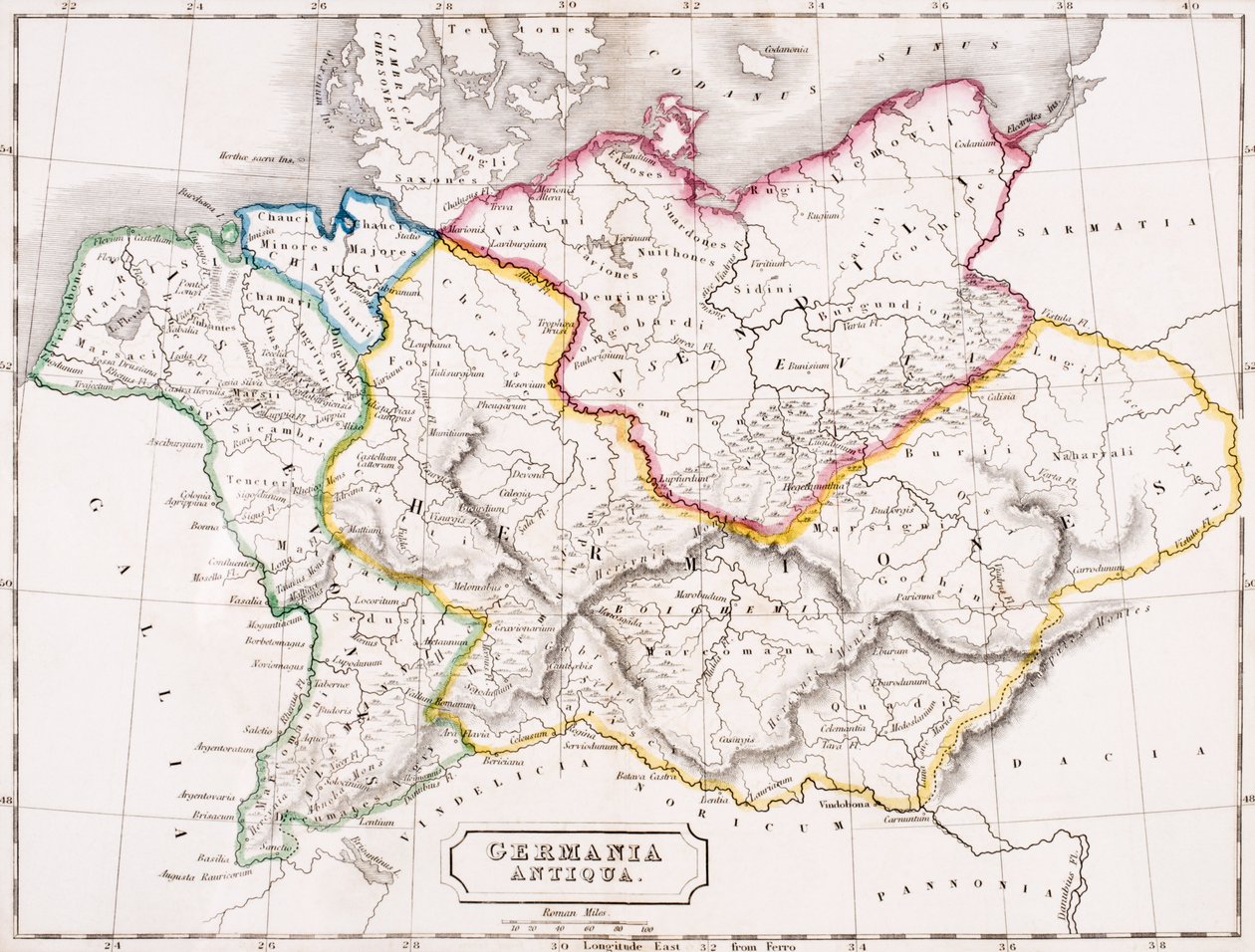 ロンドンのc.1829で公開されたサミュエルバトラーによる「古代地理のアトラス」からのドイツ、ゲルマニアアンティカの地図 作： 英語学校
