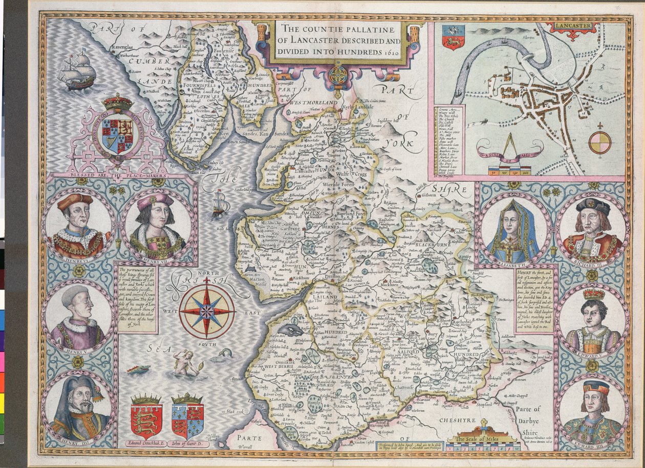 ランカスターの地図、数百に分割、1610（カラー彫刻） 作： 英語学校