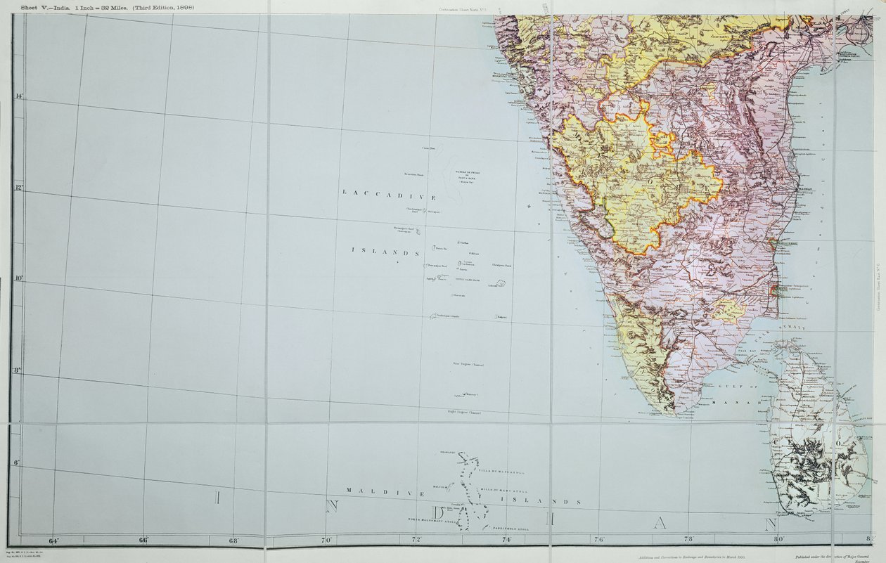 南インドの地図、1898年（カラーリトグラフ） 作： 英語学校