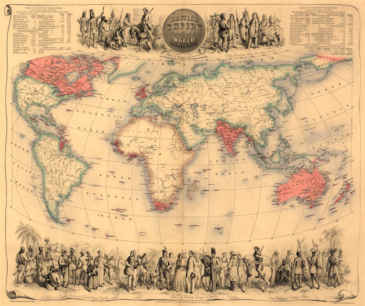 大英帝国の所有物が赤で描かれた世界地図、1870年頃（手塗りの彫刻） 作： 英語学校