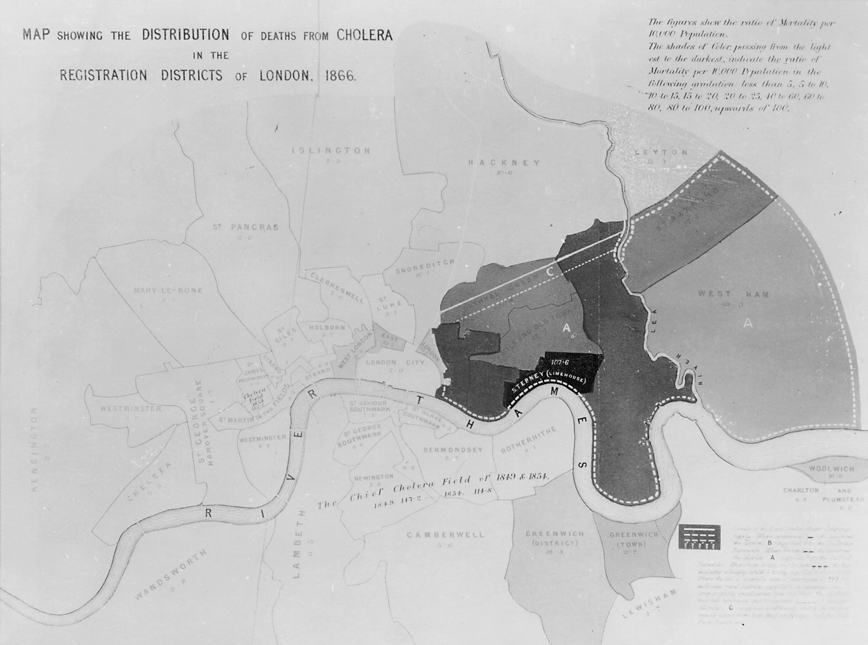 1866年のロンドンの登録地区におけるコレラからの死者の分布を示す地図 作： 英語学校