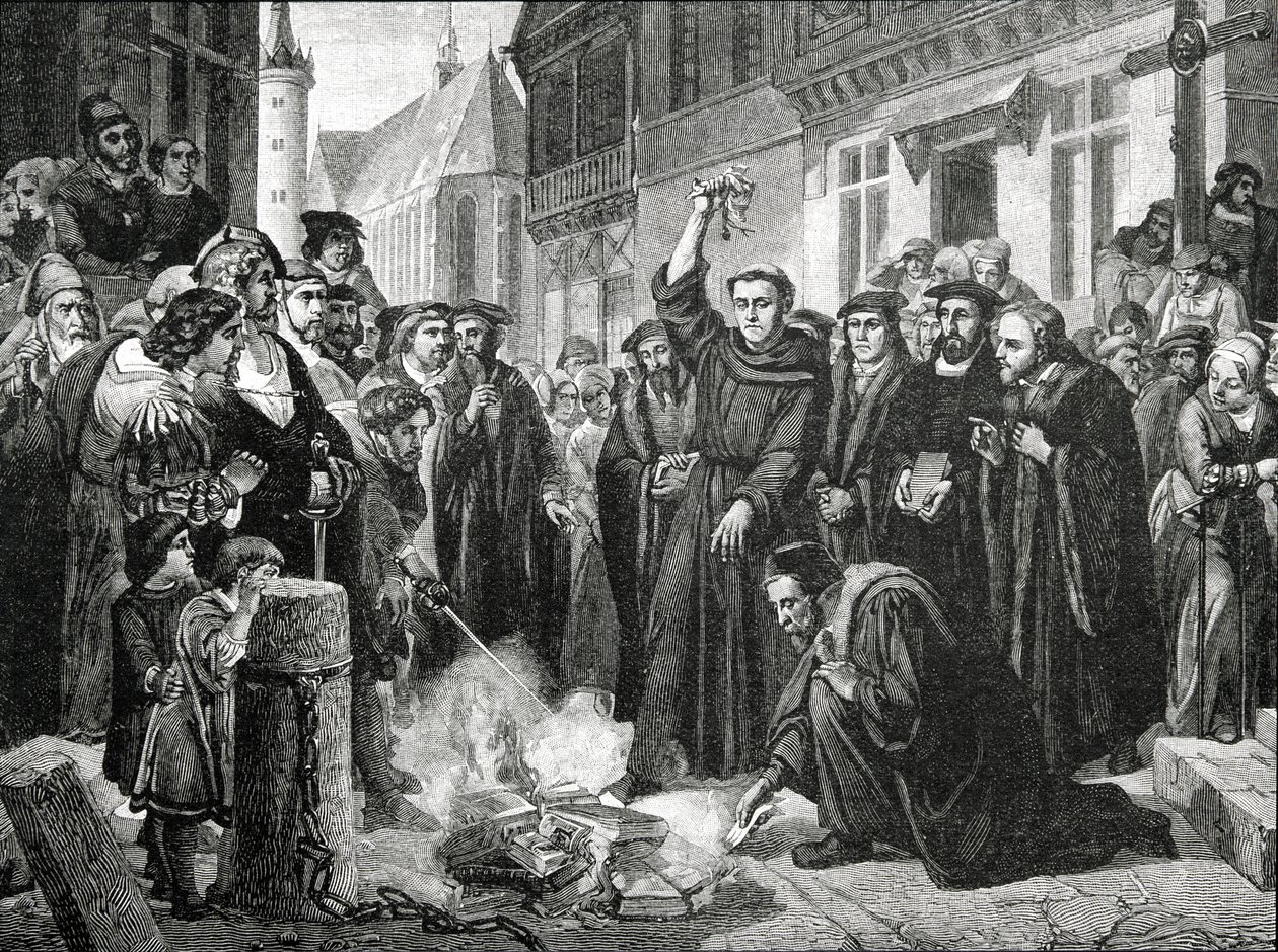 マーティン・ルター（1483-1546）1521年に教皇の雄牛を公に燃やした 作： 英語学校