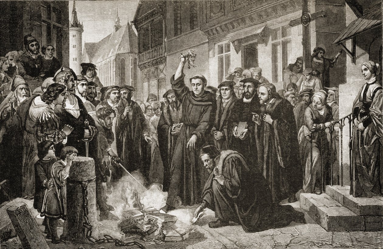 マーティンルター（1483-1556）が1520年に教皇の牛を燃やした 作： 英語学校