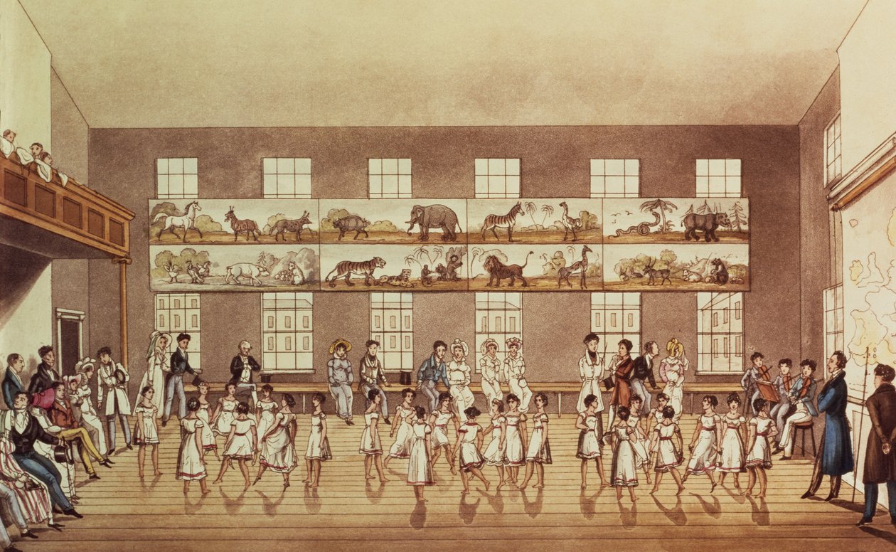 パブ、ジョージ・ハントによって刻まれたオーウェンズ研究所、ニューラナーク（Quadrille Dancing）。 1825 作： 英語学校