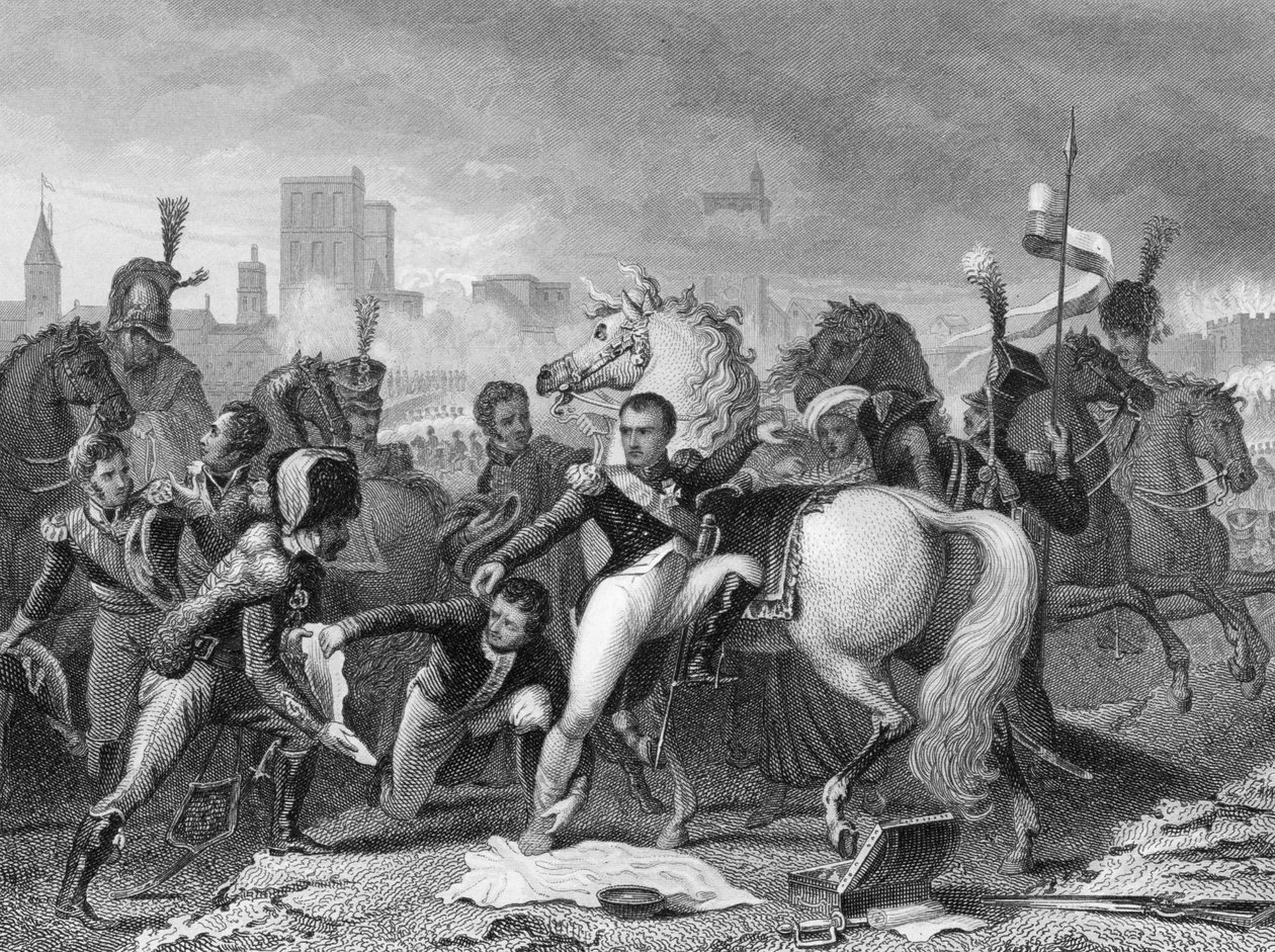 1809年にバイエルン州ラティスボン（レーゲンスブルク）への攻撃で負傷したナポレオン 作： 英語学校
