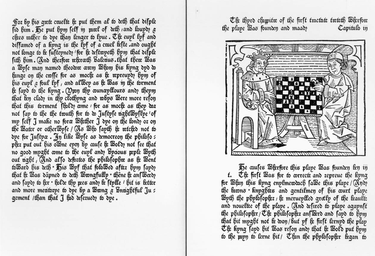 Jacques de Cessolesによる "De Ludo Saccorum"の英語訳のページ。チェスをする2人のイラスト、c.1483を含む 作： 英語学校