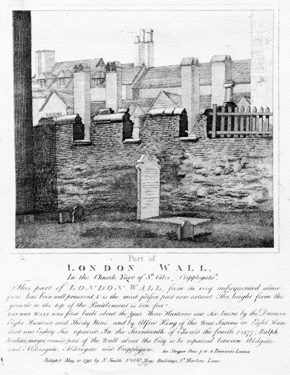 セントジャイルズ教会の庭にあるロンドンの壁の一部、クリップルゲート、1792年 作： 英語学校