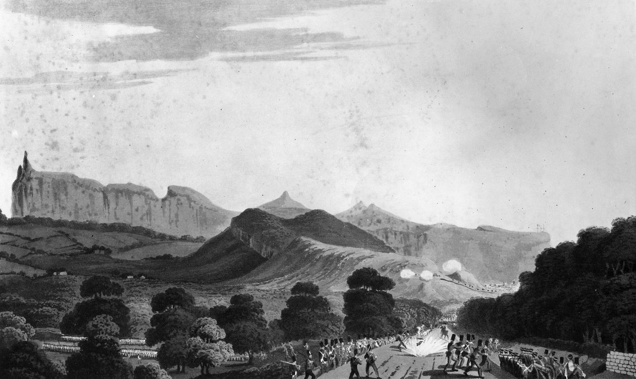1813年にI.クラークによって彫刻されたポートルイスの前に形成されたイギリス軍の一部（アクアチント） 作： 英語学校