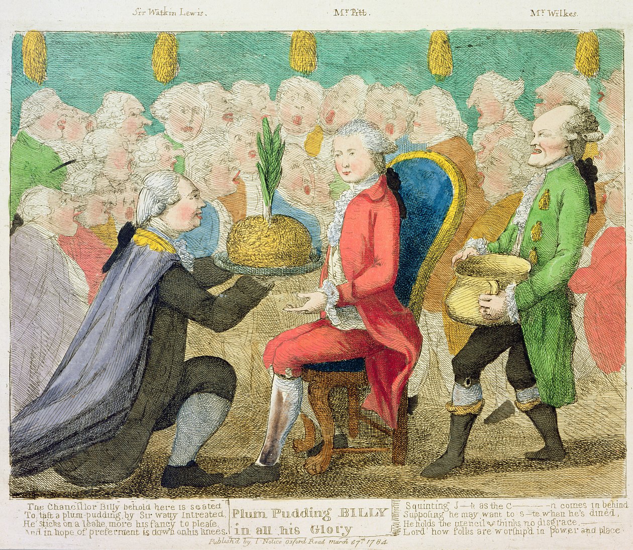 「彼の栄光に満ちたプラムプディングビリー」、1784年（カラー彫刻） 作： 英語学校