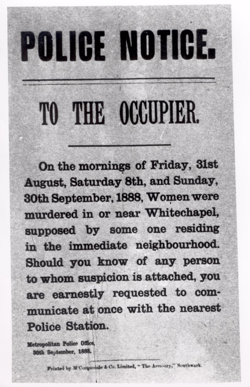 1888年9月30日、ホワイトチャペルでの殺人に関する占領者への警察の通知（印刷） 作： 英語学校