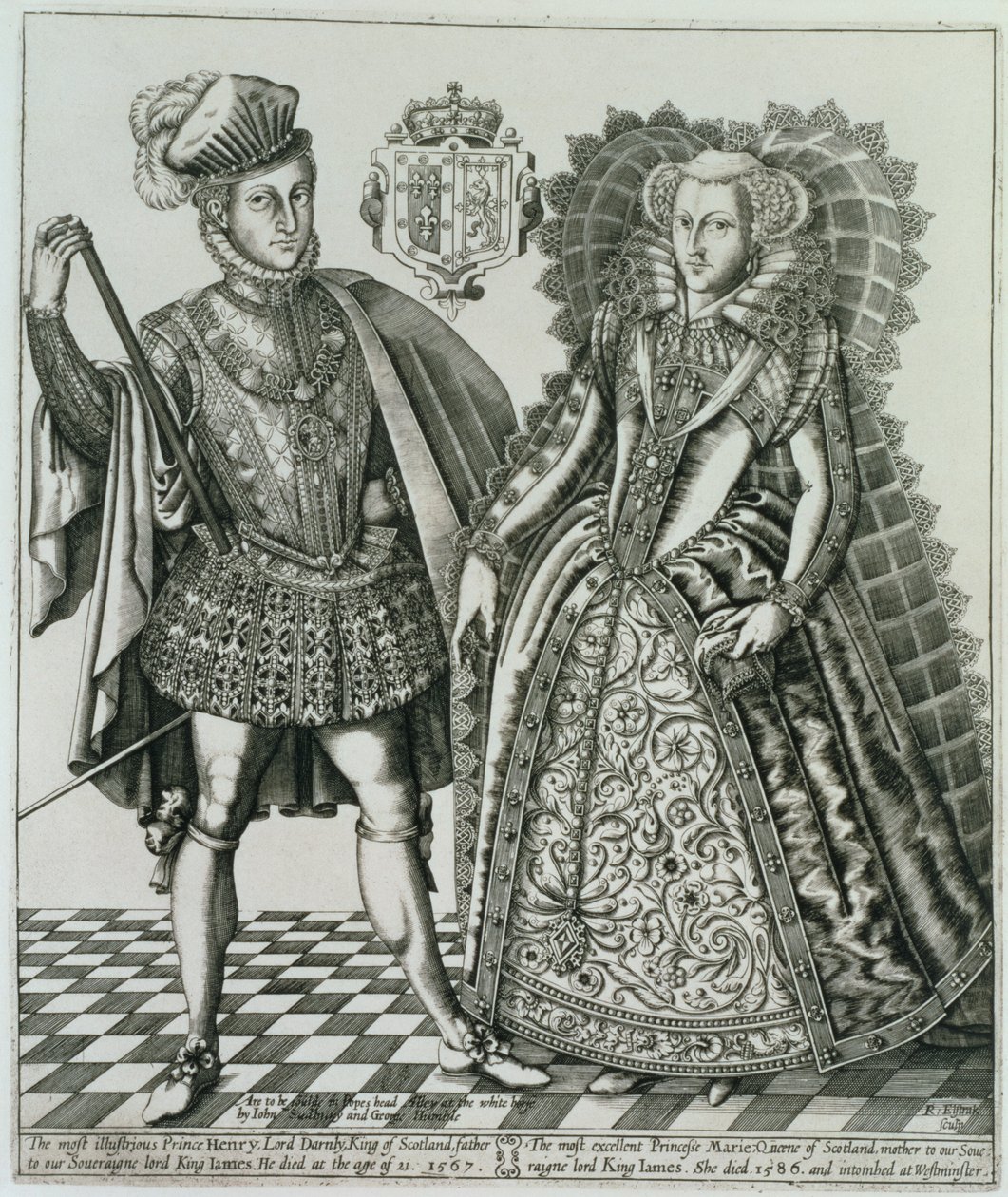 王妃の本からのスコットランドの女王メアリー（1542-87）とヘンリースチュワート、ダーンリー卿（1545-67）の肖像、レノルドエルストラック（1571-c.1630）1618によって彫刻 作： 英語学校