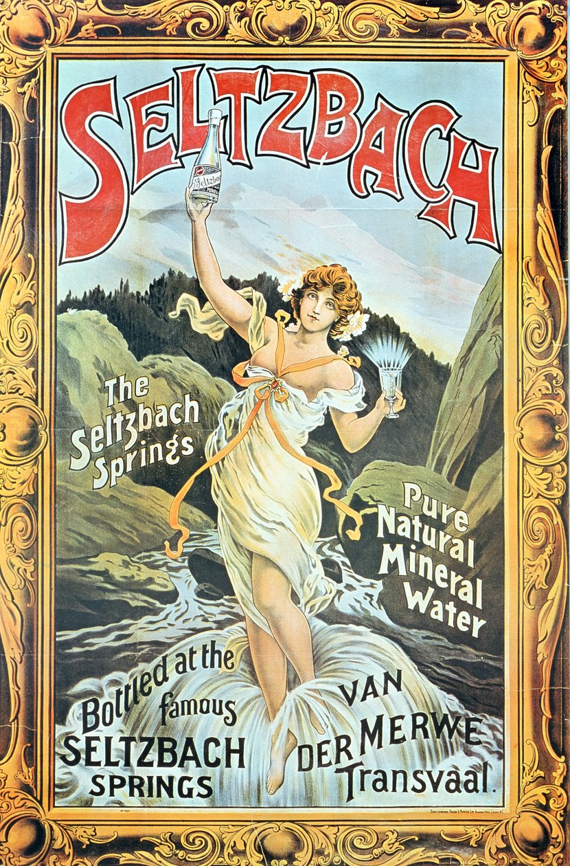 1890年代にトランスバールにあるファンデルメルウェのセルツバッハスプリングスの純粋な天然ミネラルウォーター「セルツバッハ」を宣伝するポスター 作： 英語学校
