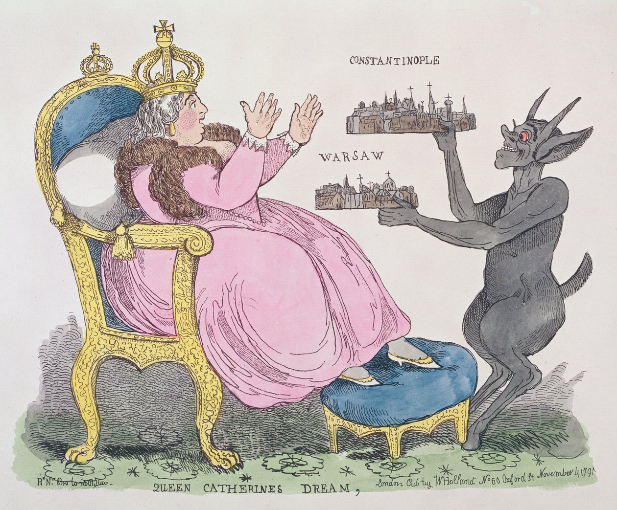 クイーンキャサリンの夢、1791年（カラーエッチング） 作： 英語学校