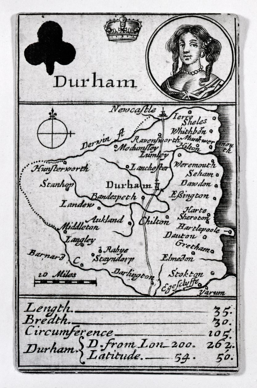 クラブのクイーンとダーラムの地図、1675年頃 作： 英語学校