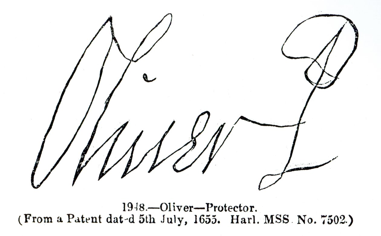 1655年7月5日付の特許原稿（Harl.MSS No.7502）からのOliver Cromwell（1599-1658）Lord Protectorの署名 作： 英語学校