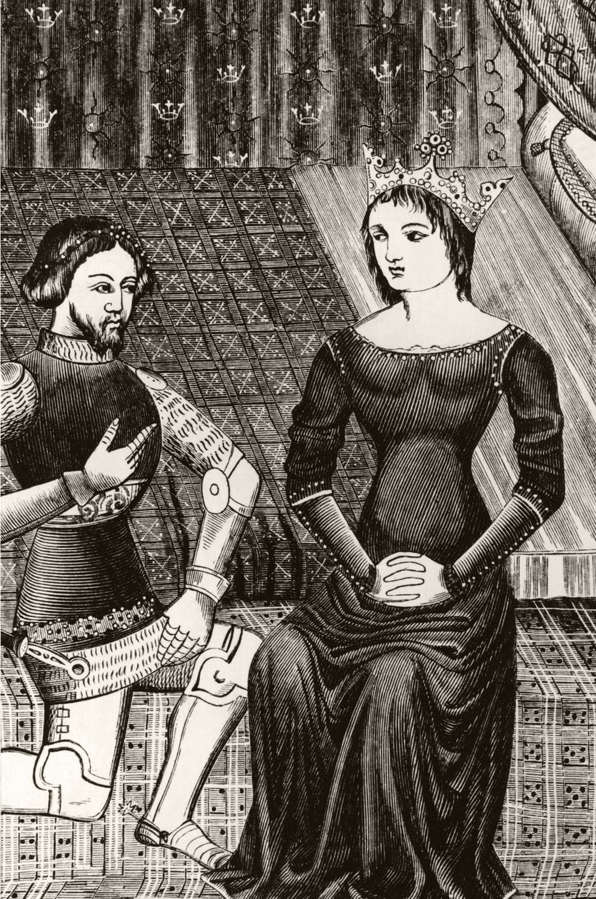 ランスロット卿は12世紀のミニチュアの後に刻まれたギネヴィア女王の前でひざまずきます 作： 英語学校